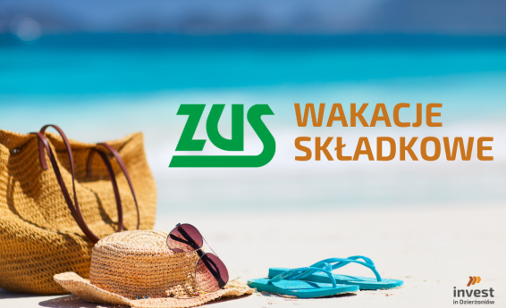 Plaża i turkusowe morze. Na plaży leży torba, kapelusz z okularami przeciwsłonecznymi i klapki- japonki. Na środku logo ZUS i napis: wakacje składkowe.