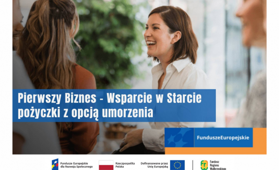 Pierwszy Biznes - Wsparcie w starcie. Pożyczki z możliwością umorzenia. Logo: Uni Europejskiej, Rezczypospolitej Polskiej , Funduszu Regionu Wałbrzyskiego, Fundusze Europejskie dla Rozwoju Społecznego. W tle 2 ososby rozmawiają.