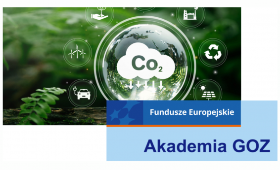 Akademia GOZ, Fundusze Europejskie. W tle grafika dekoracyjna na zielonym tle.