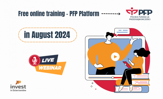 PFP platform - free online training in August! Logos of the Polish Entrepreneurship Foundation and Invest in Dzierżoniów. Decorative graphics in the background