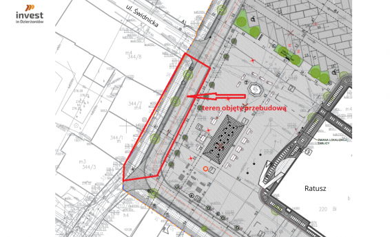 Wycinek mapy pokazujący Rynek Dzierżoniowa z zaznaczonymi obszarami na których prowadzone są prace remontowe. Logo Invest in Dzierżoniów.