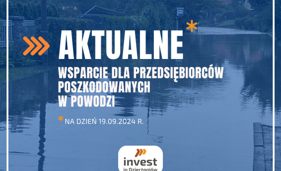 Grafika dekoracyjna. Napis Aktualne wsparcie dla przedsiębiorców poszkodowanych w powodzi.
