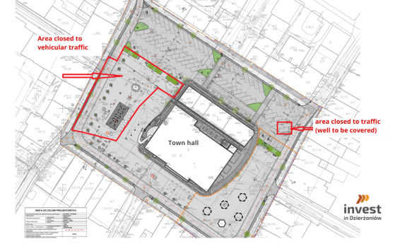 A section of the map showing the Dzierżoniów Market Square with marked areas where renovation works are being carried out. Invest in Dzierżoniów logo.