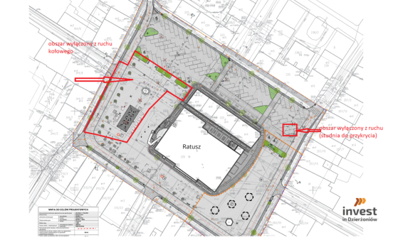 Wycinek mapy pokazujący Rynek Dzierżoniowa z zaznaczonymi obszarami na których prowadzone są prace remontowe . Logo Invest in Dzierżoniów.