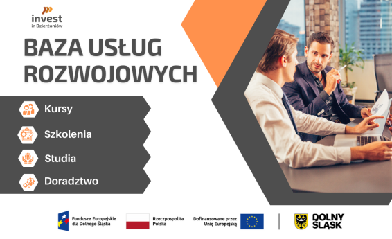 Baza Usług Rozwojowych. Logotypy: Invest in Dzierżoniów, Fundusze Europejskie dla Dolnego Śląska, Dolny Śląsk, Rzeczpospolita Polska. Po prawej stronie 2 mężczyzn dyskutuje siedząc przy stole.