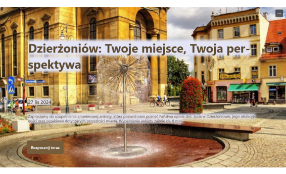 Dzierżoniów: Twoje miejsce, Twoja perspektya - wypełnij ankietę! Widok na fontannę. W tle znajduje się kościół.