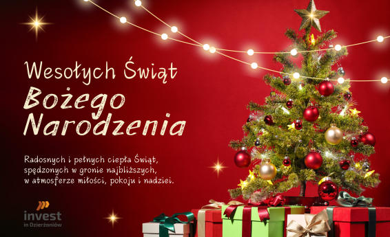 Grafika dekoracyjna. Czerwone tło, z prawej strony świątecznie ubrana choinka. Pod choinką pudełka z prezentami.