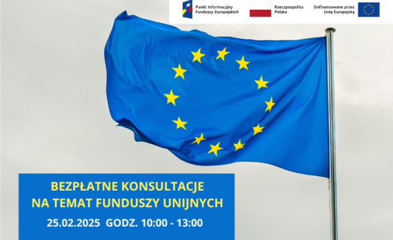 Flaga unii europejskiej. Napis bezpłatne konsultacje na temat  możliwości pozyskania środków z Unii Europejskiej.