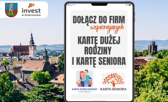 Grafika ozdobna. Panorama miasta Dzierżoniowa. Na śrdoku telefon z napisem: Dołącz do firm wspierajacych Kartę Dużej Rodziny i Kartę Seniora.