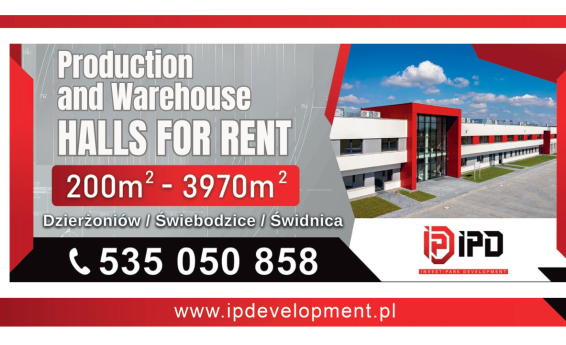 Invest-Park Development leaflet presenting the offer of production and warehouse halls for rent at 21 Strefowa Street in Dzierżoniów. The content is consistent with the information provided on the website.