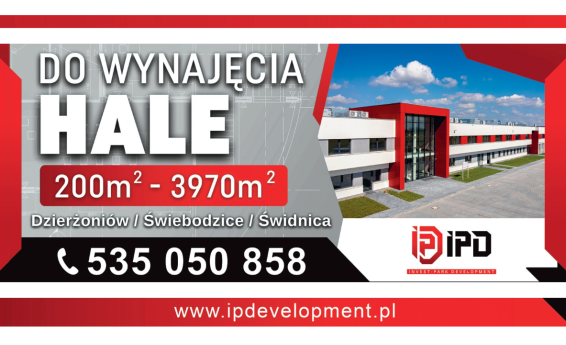 Ulotka Invest-Park Development z ofertą wynajmu hal przy ul. Strefowej 21 w Dzierżoniowie. Treść zgodna z informacjami na stronie.