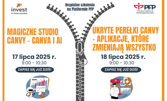 Grafika promująca 2 szkolenia: Magiczne Studio Canvy – Canva i AI, termin 17 lipca 2025 roku godz.: 9:00 -10:30 oraz Ukryte perełki Canvy – aplikacje, które zmieniają wszystko, termin 18 lipca 2025 roku, godz. 9:00 - 10:30