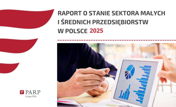 Raport o stanie sektora małych i średnich przedsiebiorstw w Polsce 2025. Zastosowano grafikę dekoracyjną.