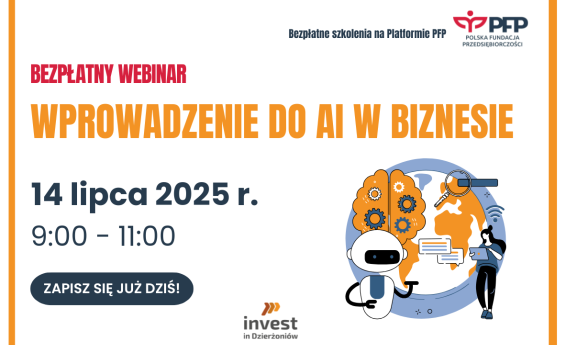 Grafika promująca szkolenie z napisem: „Wprowadzenie do AI w biznesie”, 14 lipca 2025 r. w godz. 9:00 -11:00