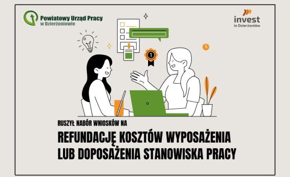 Ruszył nabór na Refundację na stworzenie lub doposażenie stanowiska pracy. Logotypy Powiatowego Urzędu Pracy w Dzierżoniowie oraz invest in Dzierżoniów. Zastosowano grafikę dekoracyjną.