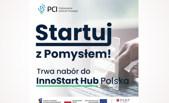 Startuj z pomysłem. Trwa nabór do InnoStart Hub Polska. W tle grafika dekoracyjna.