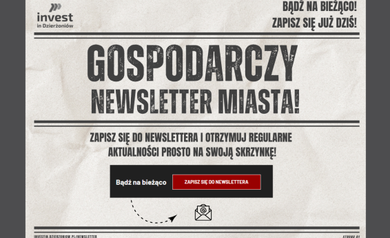 Gospodarczy newsletter miasta. Bądź na bieżąco. Zapisz się już dziś. Zastosowano grafikę dekoracyjną.