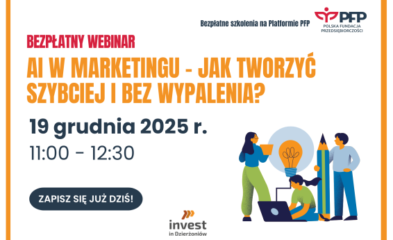 Grafika dekoracyjna promująca webinar o AI w marketingu.