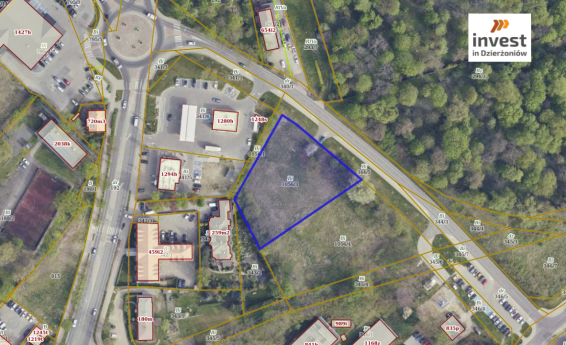 Wycinek mapy, który przedstawia obrysowany teren inwestycyjny. Logo Invest in Dzierżoniów w prawym górnym rogu.