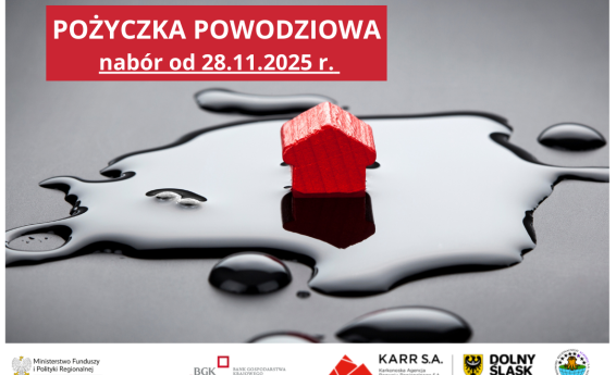 Pożyczka powodziowa. Nabór od 28.11.2025 r. W tle grafika dekoracyjna.