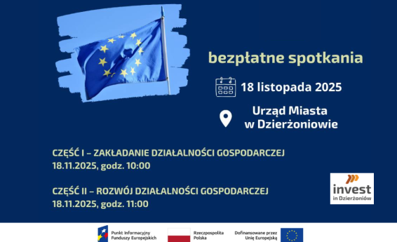 Spotkania w dniu 18.11.2025 r. W tle flaga Unii Europejskiej, w prawym dolnym rogu logo Invest in Dzierżoniów