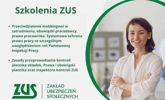 Szkolenia ZUS. Po prawej stronie stoi kobieta w biurze.