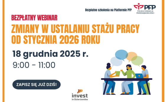 Grafika dekoracyjna promująca webinar o zmianach w ustalaniu stażu pracy od stycznia 2026 roku.