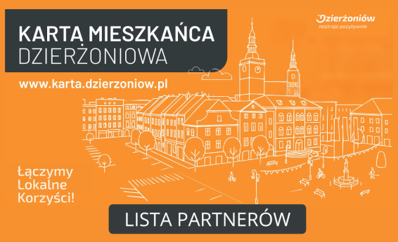 Lista partnerów Karty Mieszkańców Dzierżoniowa. W tle grafika dekoracyjna.