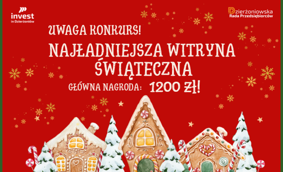 Konkurs na najładniejszą witrynę świąteczną. Zastosowano grafikę dekoracyjną.
