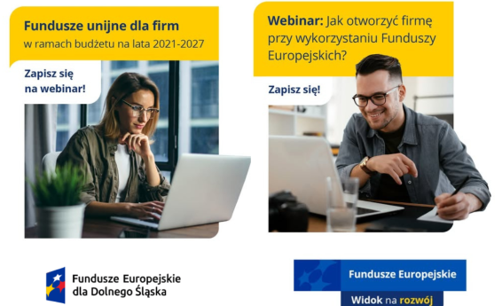 Grafika promująca dwa webinaria Funduszy Europejskich dla Dolnego Śląska: po lewej „Fundusze unijne dla firm 2021–2027”, po prawej „Jak otworzyć firmę przy wykorzystaniu Funduszy Europejskich”