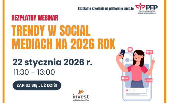 Grafika dekoracyjna informujaca o webinarze: Trendy w social mediach na 2026 rok