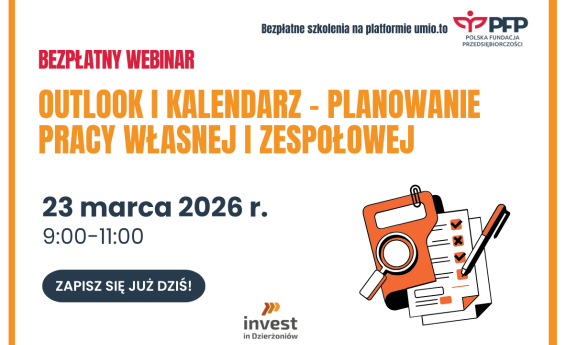 Grafika dekoracyjna informująca o webinarze: Outlook i kalendarz – planowanie  pracy własnej i zespołowej.
