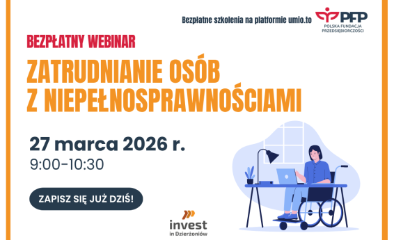 Grafika dekoracyjna informująca o webinarze: Zatrudnianie osób z niepełnosprawnościami