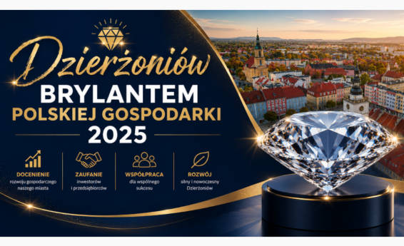 Dzierżoniowski Rynek z ratuszem i zabytkowymi kamienicami widziany z lotu ptaka. Po prawej stronie grafiki znajduje się brylant symbolizujący wyróżnienie Dzierżoniowa jako Brylantu Polskiej Gospodarki 2025.