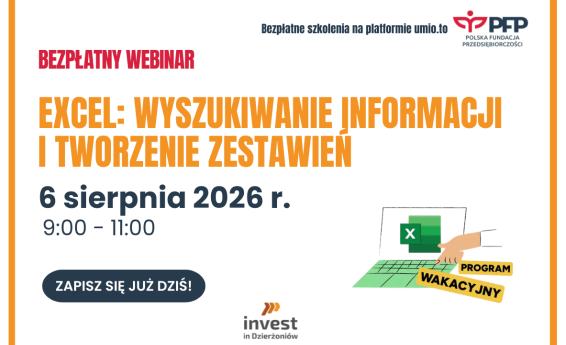Grafika dekoracyjna informująca o webinarium "Excel: Wyszukiwanie informacji i tworzenie zestawień"