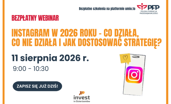 Grafika dekoracyjna informująca o webinarium "Instagram w 2026 roku - co działa, co nie działa i jak dostosować strategię?"