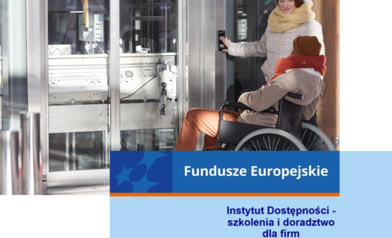 Grafika promująca projekt „Instytut Dostępności – szkolenia i doradztwo dla firm”. Kobieta pomaga osobie poruszającej się na wózku wejść do windy. Na dole napis „Fundusze Europejskie” oraz nazwa projektu „Instytut Dostępności – szkolenia i doradztwo dla firm”.