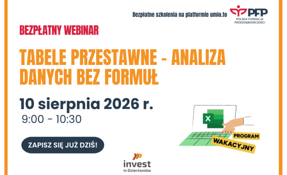 Grafika dekoracyjna informująca o webinarium "Tabele przestawne – analiza danych bez formuł".