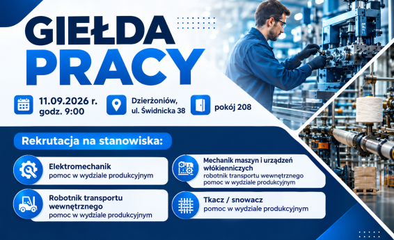 Grafika promująca Giełdę Pracy w Dzierżoniowie – 11 września 2026 r., godz. 9:00, ul. Świdnicka 38, pokój 208. Informacja o rekrutacji na stanowiska produkcyjne.