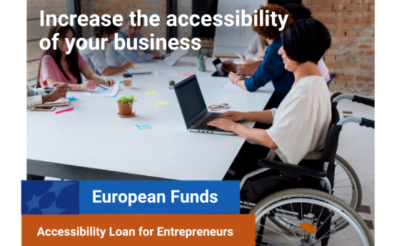 Graphic promoting the Accessibility Loan for Entrepreneurs. A woman in a wheelchair is working on a laptop in an office. Other people are sitting at a table in the background. The graphic features the slogan: “Increase the accessibility of your business” and the logos of the European Funds, the Republic of Poland, the European Union and the Polish Enterprise Foundation.