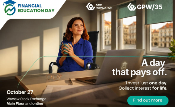 A graphic promoting the “Financial Education Day” event. A woman holding a mug sits at a desk with a laptop. Text on the graphic: “A day that pays off. Invest one day. Earn interest for a lifetime.” The event will take place on October 27 at the Warsaw Stock Exchange, both in person and online.