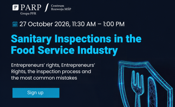 Graphic promoting PARP’s free webinar, “Sanitary Inspections in the Food Service Industry: Entrepreneurs’ Rights, the Inspection Process and Common Mistakes,” taking place on 27 October 2026, from 11:30 a.m. to 1:00 p.m. The graphic features the PARP and Centre for the Development of SMEs logos, along with a turquoise geometric illustration of a fork and knife.